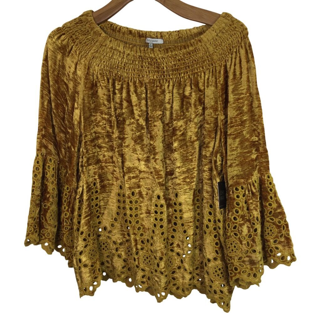 John Mark Marigold Eyelet Velvet Smocked Off-The-Shoulder Blouse Top Gold L NWT
